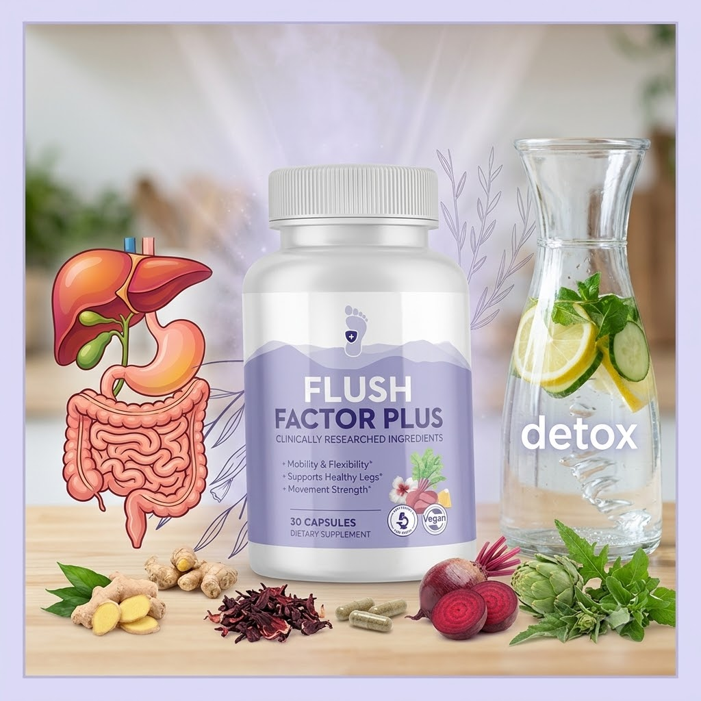 Flush Factor Plus bottle surrounded by ginger, hibiscus, beet, artichoke and infused water