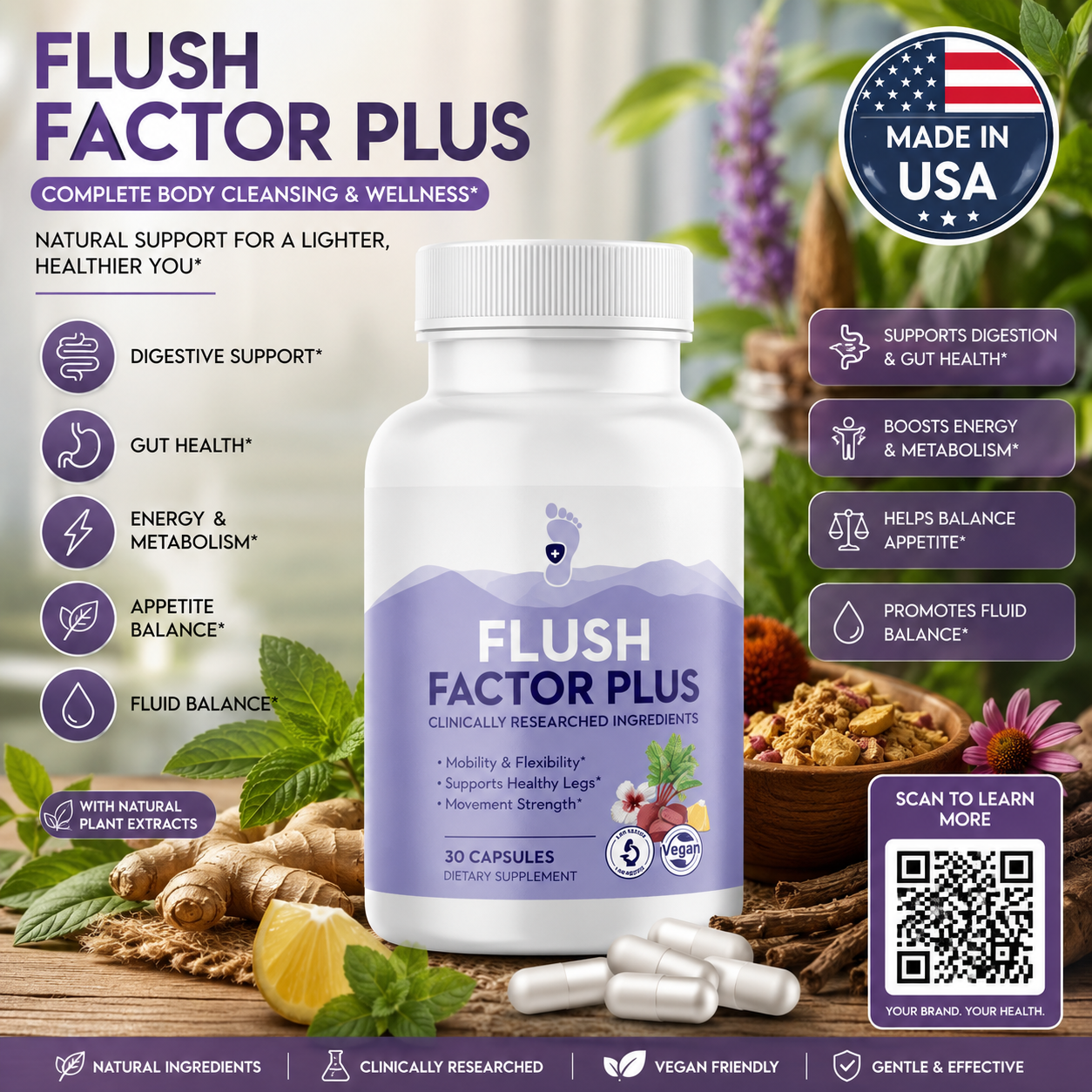Flush Factor Plus product overview showing digestive support, gut health, energy, appetite and fluid balance