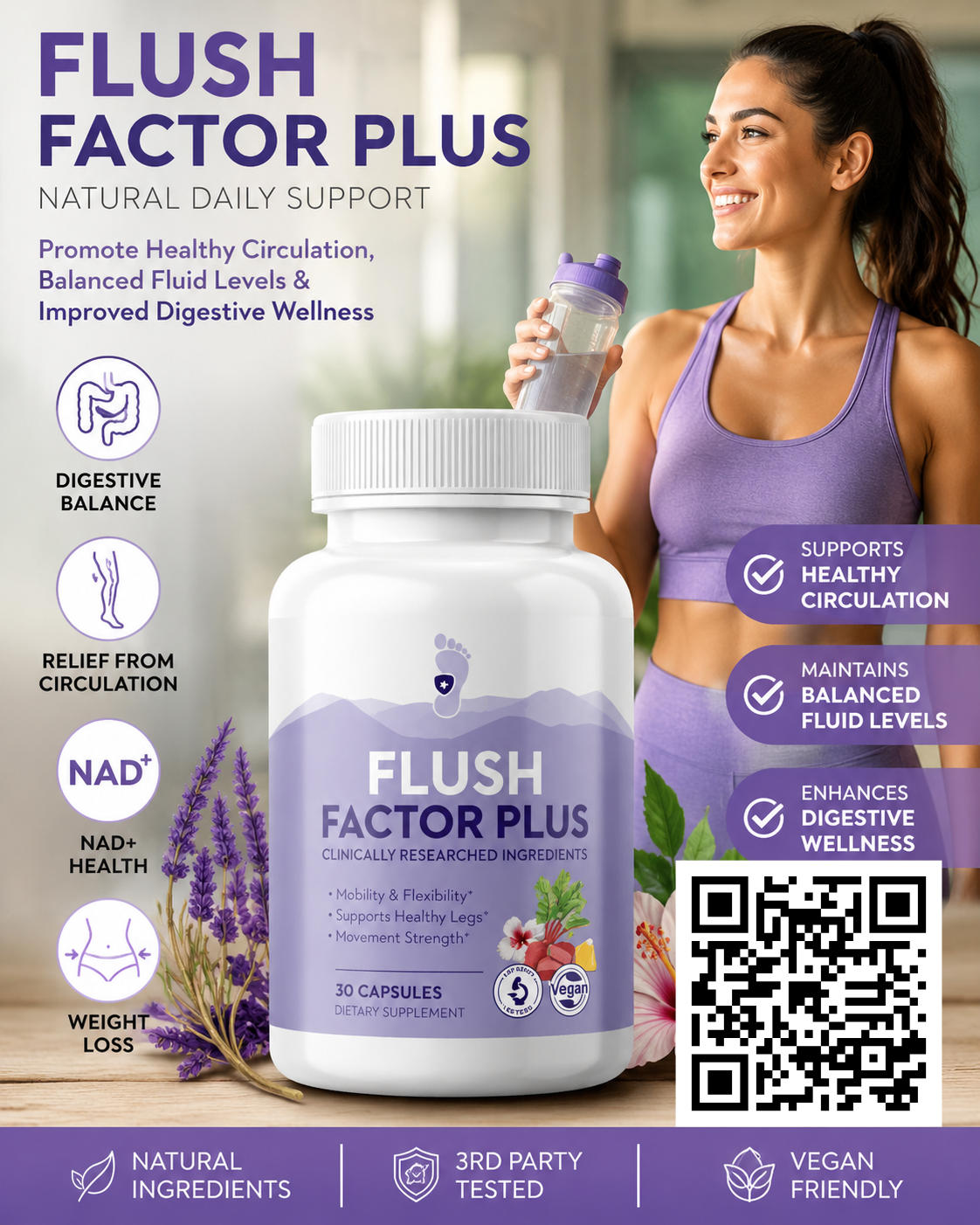 Flush Factor Plus benefits overview: digestive balance, circulation, NAD+ health and fluid balance